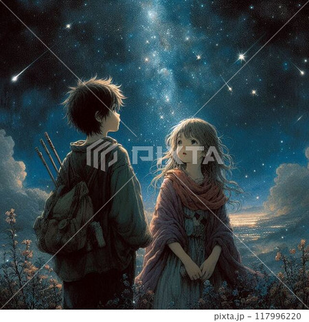 満天の星空を眺める二人の男女・イラスト 117996220