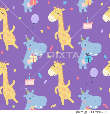 Children birthday pattern. Cute hippo and giraffe with party hat. Vector illustration template 117996226