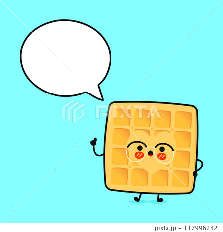 Waffles with speech bubble. Vector hand drawn cartoon kawaii character illustration icon. Isolated on blue background. Waffles character concept 117996232