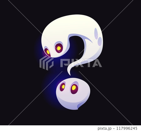 Halloween font, question sign. Cartoon evil type, funny scary typeface, spooky monster alphabet punctuation symbol. Isolated vector spook, soul or phantom, ghostly abc typography glyph or mark Halloween font, question sign. Cartoon evil type, funny scary typeface, spooky monster alphabet punctuation symbol. Isolated vector spook, soul or phantom, ghostly abc typography glyph or mark 117996245