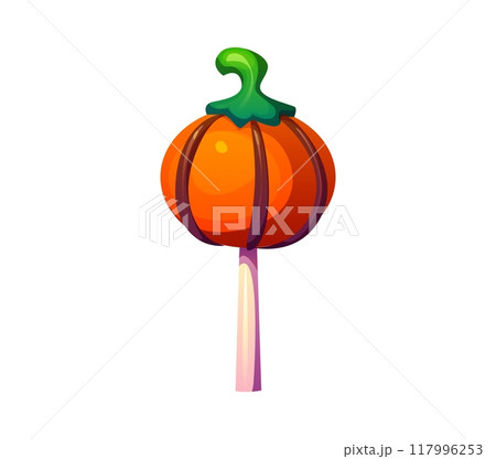 Cartoon Halloween holiday lollipop sweets and dessert. Isolated vector pumpkin candy with a green stem on stick. Trick or treat kids party confectionery lolli pop sucker, tasty dessert for children Cartoon Halloween holiday lollipop sweets and dessert. Isolated vector pumpkin candy with a green stem on stick. Trick or treat kids party confectionery lolli pop sucker, tasty dessert for children 117996253