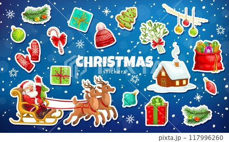 Cartoon Christmas stickers pack. Santa in sleigh, reindeer, gifts, holiday decorations, winter mittens, tree, house, hat, ornaments and candy canes. Vibrant and cheerful patches on a snowy background Cartoon Christmas stickers pack. Santa in sleigh, reindeer, gifts, holiday decorations, winter mittens, tree, house, hat, ornaments and candy canes. Vibrant and cheerful patches on a snowy background 117996260
