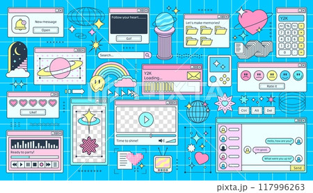 Retro Y2K computer windows page interface of PC desktop, vector cartoon background. Retro computer windows with Y2K design of file folder, internet browser, player with loading bar and smile stickers Retro Y2K computer windows page interface of PC desktop, vector cartoon background. Retro computer windows with Y2K design of file folder, internet browser, player with loading bar and smile stickers 117996263