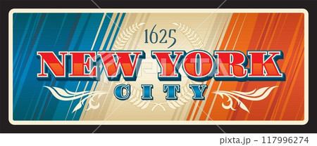 New York city travel tin sign plate or luggage tag of USA, vector banner. New York plate with flag and heraldic wreath crest emblem for US NYC and America travel destination tin sign and luggage tag New York city travel tin sign plate or luggage tag of USA, vector banner. New York plate with flag and heraldic wreath crest emblem for US NYC and America travel destination tin sign and luggage tag 117996274