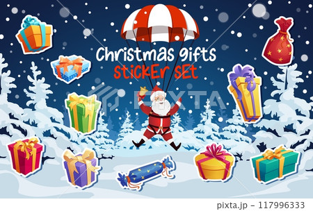 Flying Santa character and Christmas gifts stickers pack on snowy winter forest background. Vector set of festive patches, festive holiday decorations. Santa Claus with bell descending with parachute 117996333