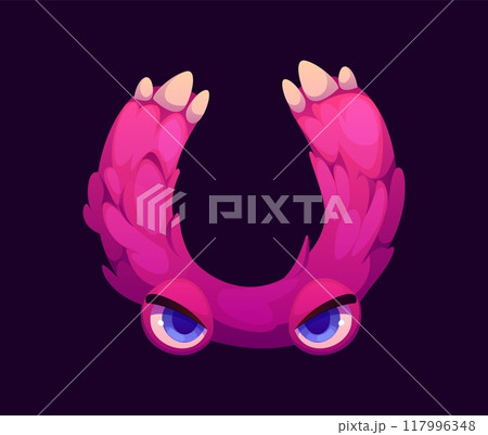 Letter U Halloween font, cartoon evil type, funny scary typeface, spooky alphabet uppercase letter as pink furry monster with claws and blue eyes. Isolated vector cute furry beast latin abc character Letter U Halloween font, cartoon evil type, funny scary typeface, spooky alphabet uppercase letter as pink furry monster with claws and blue eyes. Isolated vector cute furry beast latin abc character 117996348
