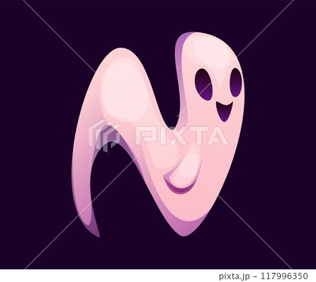 Letter N Halloween font, cartoon evil type, funny scary typeface, spooky alphabet uppercase letter as a cute, smiling ghost, with a soft pink hue. Isolated vector abc funny spook typography character Letter N Halloween font, cartoon evil type, funny scary typeface, spooky alphabet uppercase letter as a cute, smiling ghost, with a soft pink hue. Isolated vector abc funny spook typography character 117996350