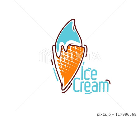 Ice cream icon, gelato dessert in waffle cone for gelateria or desserts bar, vector emblem. Milky creamy soft ice cream scoop in wafer cone with melt drop for Italian gelato dessert and icecream menu Ice cream icon, gelato dessert in waffle cone for gelateria or desserts bar, vector emblem. Milky creamy soft ice cream scoop in wafer cone with melt drop for Italian gelato dessert and icecream menu 117996369