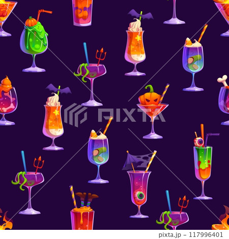 Cartoon Halloween cocktails seamless pattern. Vector tile background featuring an array of festive drink cups and glasses decorated with straws and spooky elements like bats, pumpkins and eyeballs 117996401