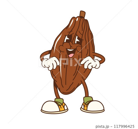 Cartoon groovy cocoa bean character. Isolated vector playful, healthy, confident seed showcasing cheerful and energetic smile. Chocolate bean personage with expressive eyes, retro gloves and sneakers 117996425