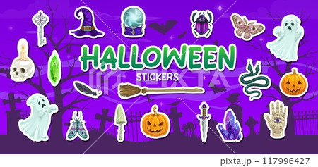 Cartoon Halloween stickers with spooky scary monsters and zombie characters, vector icons. Halloween holiday stickers of boo ghost and pumpkin with witch broomstick and dead skeleton skull on cemetery Cartoon Halloween stickers with spooky scary monsters and zombie characters, vector icons. Halloween holiday stickers of boo ghost and pumpkin with witch broomstick and dead skeleton skull on cemetery 117996427
