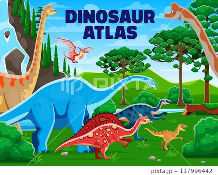 Atlas book cover, prehistoric dinosaurs and reptiles at natural landscape. Cartoon vector storybook with ancient creature species in a lush, green environment with tropical forest plants and waterfall 117996442