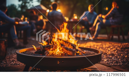 People grilling and chatting around fire. capturing ambiance with blurred background 117996501