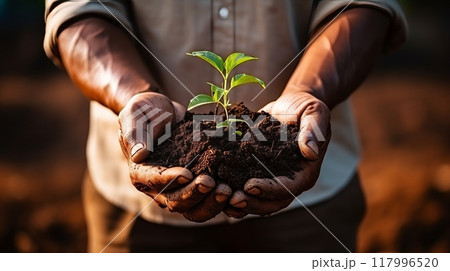 Save our planet. Man holding tender sprout in his hands, protecting nature and environment 117996520