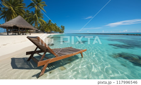 Tropical island beach chaise lounge chair, exotic summer vacation destination relaxation scene 117996546