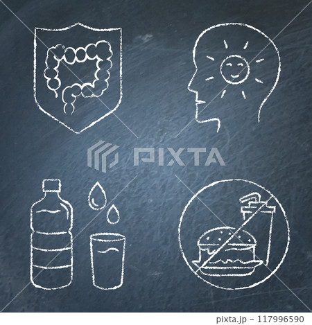 Healthy eating chalkboard icon set Healthy eating chalkboard icon set 117996590