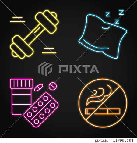 Healthy lifestyle neon icon set Healthy lifestyle neon icon set 117996591