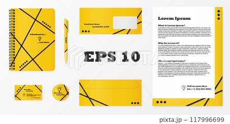 Realistic layout set. Notebook cover, pen, badge, card, post and letter in yellow and black corporate colors to jot down your ideas. Vector designs. EPS 10 Realistic layout set. Notebook cover, pen, badge, card, post and letter in yellow and black corporate colors to jot down your ideas. Vector designs. EPS 10 117996699