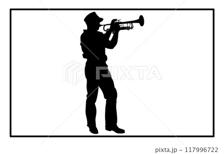 silhouette of man playing trumpet, Trumpet Player Silhouette silhouette of man playing trumpet, Trumpet Player Silhouette 117996722