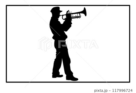 silhouette of man playing trumpet, Trumpet Player Silhouette 117996724