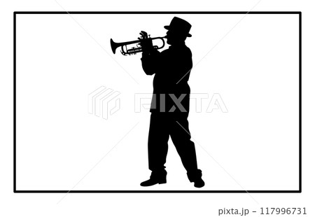 silhouette of man playing trumpet, Trumpet Player Silhouette 117996731