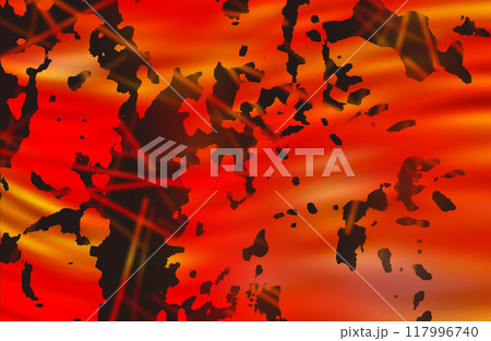 紅蓮の炎に黒い影模様、縦横無尽にはしる直線的ビーム光の未来的アートテクスチャー 117996740
