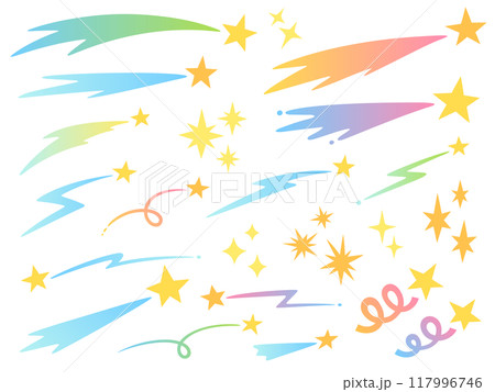 カラフルなグラデーションの色々な流れ星のイラストセット 117996746