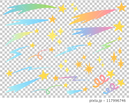 カラフルなグラデーションの色々な流れ星のイラストセット 117996746