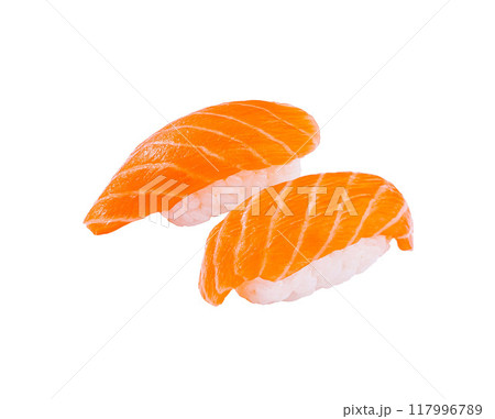 Two salmon nigiri pieces resting on white background 117996789