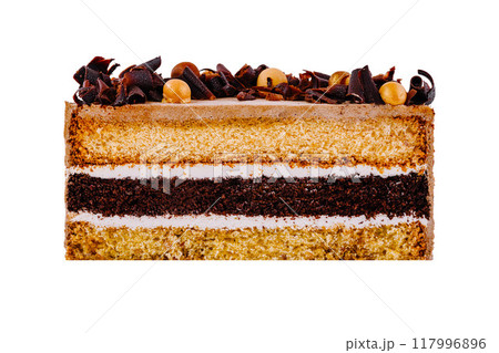 Delicious layered cake with chocolate curls and icing on white background Delicious layered cake with chocolate curls and icing on white background 117996896