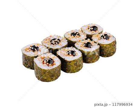 Sushi set with unagi sauce is served on a white background Sushi set with unagi sauce is served on a white background 117996934