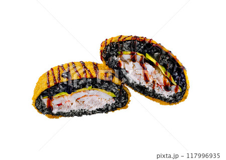 Two delicious hot sushi rolls with black rice and cream cheese on white background Two delicious hot sushi rolls with black rice and cream cheese on white background 117996935
