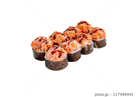 Delicious sushi rolls covered with cream cheese and sauce standing in line on white background Delicious sushi rolls covered with cream cheese and sauce standing in line on white background 117996942