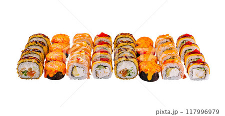 Delicious sushi rolls with different fillings are lying on a white background 117996979