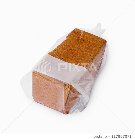 Toast bread loaf wrapped in plastic bag on white background 117997071