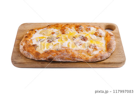 Delicious pizza quattro formaggi lying on wooden board Delicious pizza quattro formaggi lying on wooden board 117997083