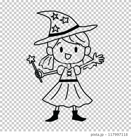 Line drawing illustration of a cute witch girl 117997118