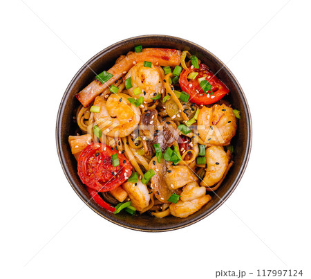 Delicious udon noodles with shrimps and vegetables in bowl 117997124