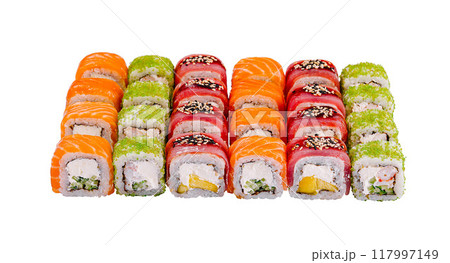 Sushi set with salmon, tuna and green tobiko caviar is lying on white background Sushi set with salmon, tuna and green tobiko caviar is lying on white background 117997149