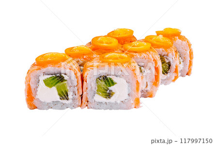 Sushi rolls with salmon, cream cheese, kiwi and kumquat showing filling on white background Sushi rolls with salmon, cream cheese, kiwi and kumquat showing filling on white background 117997150