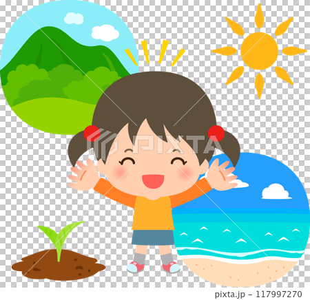 山、海、自然のイメージと笑顔の女の子 117997270