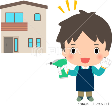 工具を持った男性と戸建て住宅、DIY 117997271