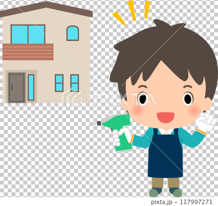 工具を持った男性と戸建て住宅、DIY 117997271