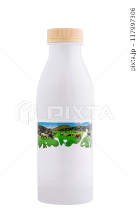 White plastic bottle with a picture of cows grazing standing on white White plastic bottle with a picture of cows grazing standing on white 117997306
