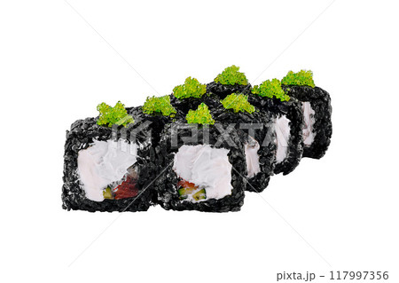 Black sushi rolls with green tobiko caviar standing in line on white background Black sushi rolls with green tobiko caviar standing in line on white background 117997356