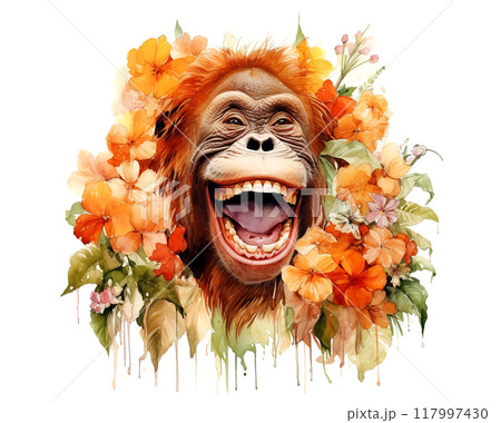 Image of an orangutan head with colorful tropical flowers on white background. Mammals. Wildlife Animals. 117997430