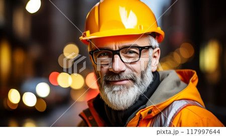 Mature architect in hardhat inspects progress on sleek, modern building construction site 117997644