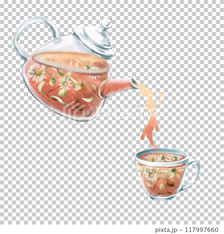 Tilted teapot with chamomile tea pouring into mug. Isolated watercolor illustration for tea ceremony design, cafe, tea shop, poster, tonic tea collections 117997660