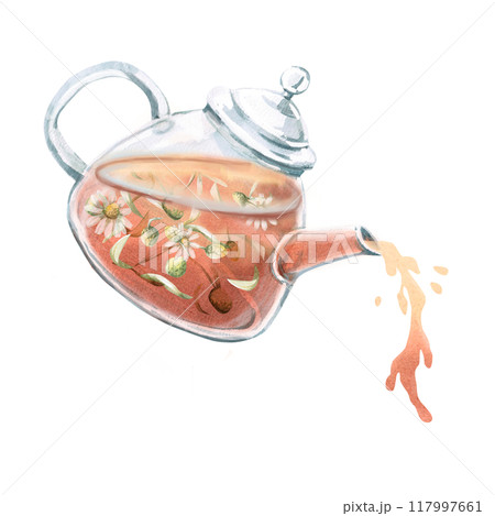 Transparent tea set: teapot and cup with chamomile tea in watercolor. Isolated illustration for design of tea ceremonies, cafes, tea shops, posters, tonic tea collections 117997661