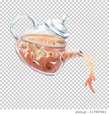 Transparent tea set: teapot and cup with chamomile tea in watercolor. Isolated illustration for design of tea ceremonies, cafes, tea shops, posters, tonic tea collections 117997661